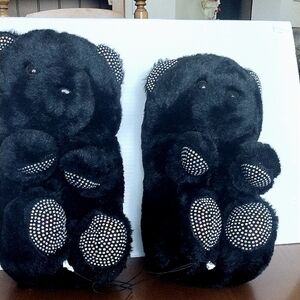 Black Furry Bear Slippers with Rhinestone Accents size 9/10 brand new no tags